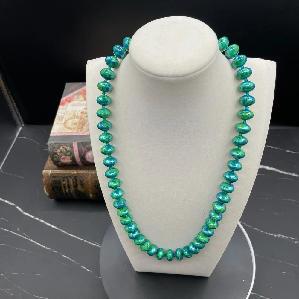 Vintage Green Classic Fashion Bezel Glass Chrysocolla Beaded Statement Necklace - Picture 3 of 10